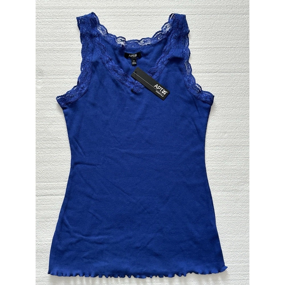 NWT Apt. 9 Y2K Lace Trim Babydoll Top‎ Womens M Dark Blue Stretch Lettuce Hem